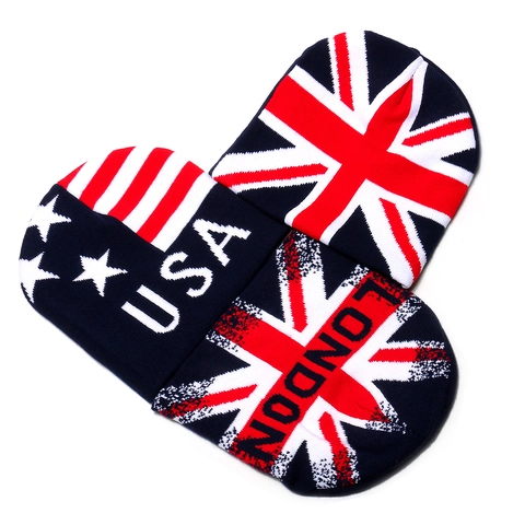 US UK Flag Knitted Beanie Hat Acrylic Warm Winter Outdoor Festive Stars Stripes Union Jack USA LONDON Unisex