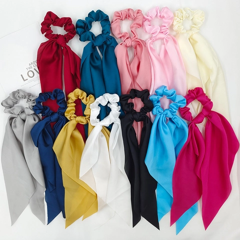 Satin Scrunchies With Long Ribbons Solid Color Elastic Hair Ties Ponytail Holder Streamer Bow Accessories