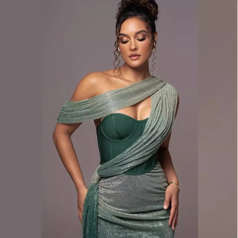 Abito Maxi Corsetto Monospalla Giunzione Metallica Spacco Bodycon Sexy Party Sera Senza Maniche Poliestere Per Donna
