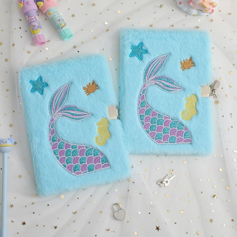 Plush Notebook Embroidered Mermaid Tail With Lock And Keys Ocean Theme Blue Secret Diary Journal For Girls