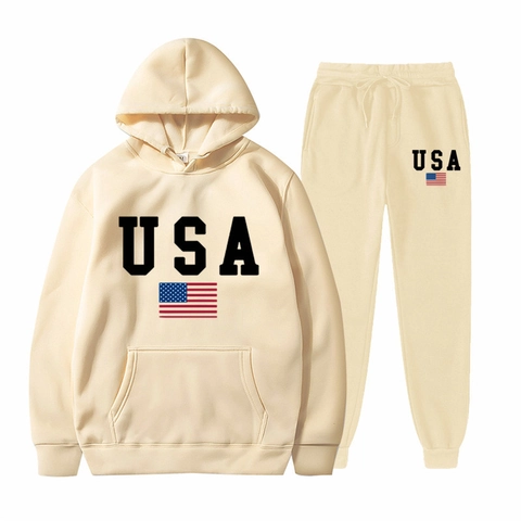Men Hoodie And Jogger Pants Polyester USA Flag Print Casual Sports Outfits Hooded Pullover Long Sleeve
