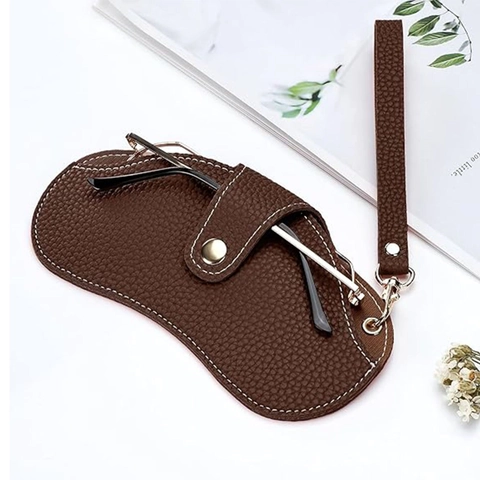 Portable Sunglasses Pouch PU Leather Litchi Pattern Eyeglasses Storage Bag With Hanging Neck Strap Protective Case