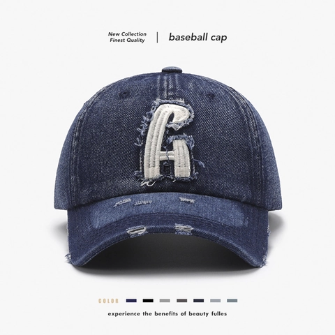 Baseballkappe Aus Gewaschenem Denim Baumwolle Distressed Verstellbar Atmungsaktiv Buchstaben-Patch Retro Streetwear Vintage Herren Damen