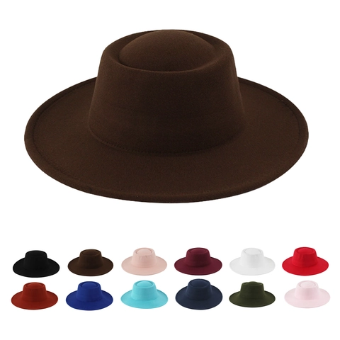 Vintage Wide Brim Fedora Hat Flat Top Polyester Felt Warm Winter Jazz Hat For Women And Men Solid Color Elegant