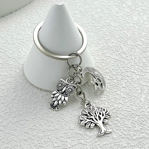 Portachiavi Ciondolo Albero Della Vita Luna Stelle Gufo Argento Antico Minimalista Lega Fascino Borsa Gioielli Regalo