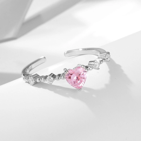 S925 Sterling Silver Pink Heart Rhinestone Open Ring For Women Sweet Small Fresh Adjustable Finger Ring Fashion Jewelry Gift