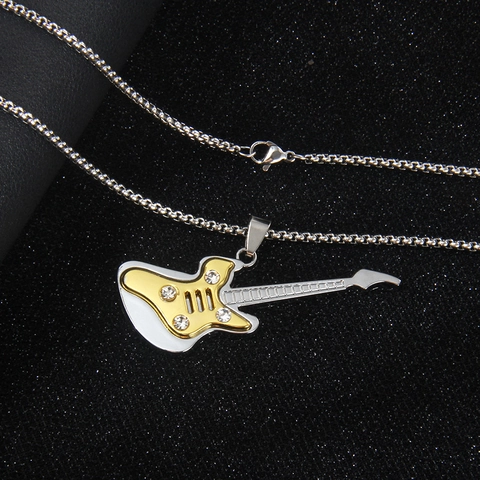 Guitar Pendant Necklace Stainless Steel Chain Alloy Rhinestone Inlaid Rock Music Style Trendy Fashion Accessory