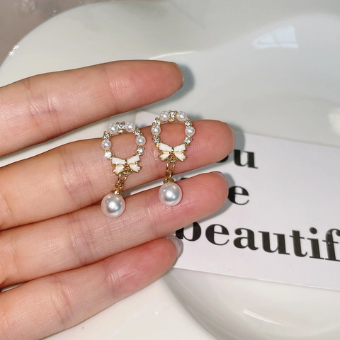 Artificial Pearl Bowknot Drop Earrings With 925 Sterling Silver Earring Post Alloy Rhinestone Dangle Jewelry For Women Elegant Sweet
