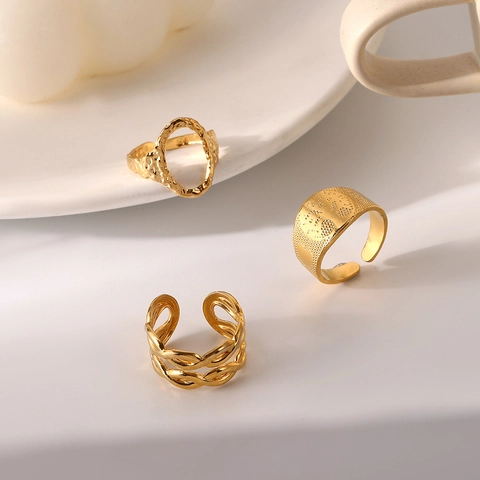 Elegant Stainless Steel Rings For Women Adjustable Open Gold Hollow Chain Tree Of Life Relief Twisted Rope Fashion Jewelry