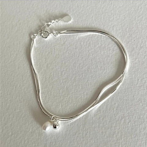 Bracciale A Doppia Catena Serpente In Argento Sterling 925 Con Perla Artificial A Goccia E Sfera Rotonda Gioielli Minimalisti Da Donna