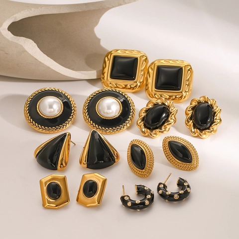 Vintage Geometric Earrings Stainless Steel Black Enamel Gold Plated Waterproof Hypoallergenic French Style Fashion Jewelry For Women