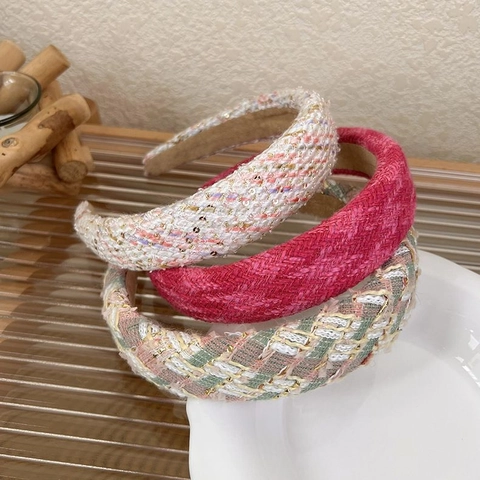 Elegante Tweed Stirnbänder Für Frauen Gepolsterte Bouclé Haarbänder Vintage Pailletten Karo Mode