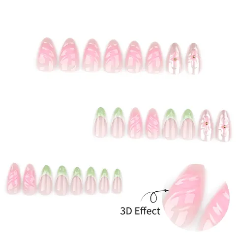 Französisch Grün Rosa Farbverlauf Press On Nails Kurz Mandelform 3D Blume Geprägte Textur Falsche Nägel Full Cover Tips