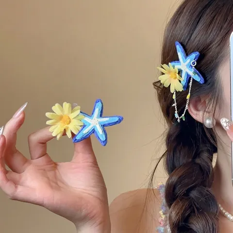 Pinces À Cheveux Fleur Étoile De Mer Raphia Tissu Alliage Perles Style Vacances Plage Côtière Accessoires Pour Femmes