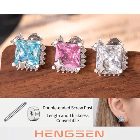 Square Zircon Ear Studs With Titanium Steel Earring Post Double Headed Screw Back Geometric Star Earrings For Women
