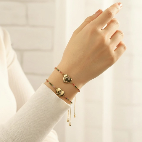 Heart Initial Bracelet Copper Rainbow Multi-Color Cubic Zirconia Adjustable Slider Box Chain Jewelry For Women
