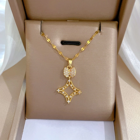 Vergulde Roestvrijstalen Ketting Met Koperen Zirkonia Strik Ster Hanger Voor Dames Elegante Sieraden Accessoire