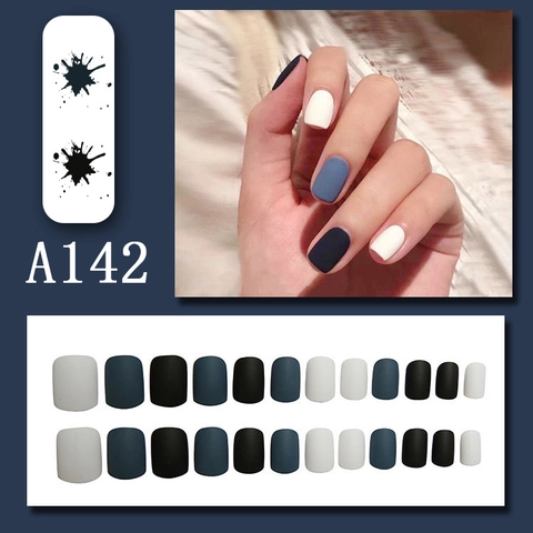 Matte Short Square Press On Nails Solid Color Blue Black White Glue On Fake Nails Removable Full Cover Manicure