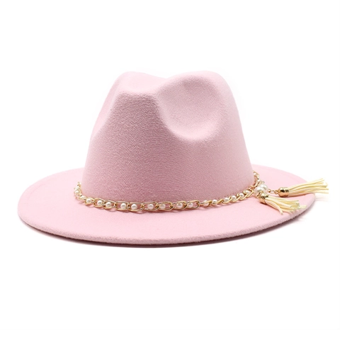 Fedora Hat Retro Wide Brim Flat Top Cotton Polyester Felt Jazz Cap With Golden Chain Artificial Pearl And Tassels For Men Women