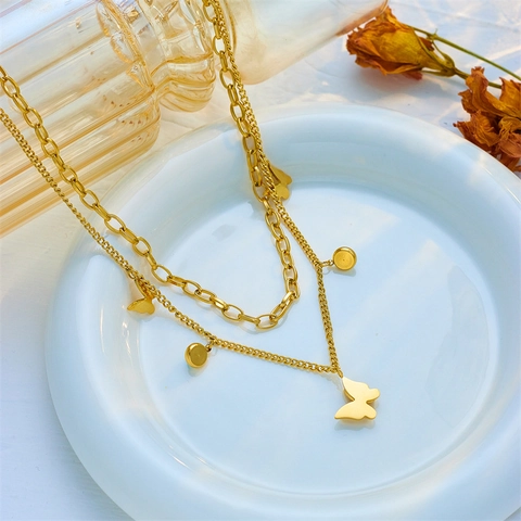 Layered Necklace Stainless Steel Butterfly Pendant Turquoise Bead Gold Color Bohemian Style Jewelry For Women