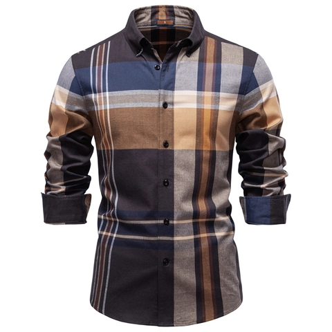 Camicia A Quadri Da Uomo Puro Cotone Manica Lunga Business Casual Traspirante Bottoni Revers Tops