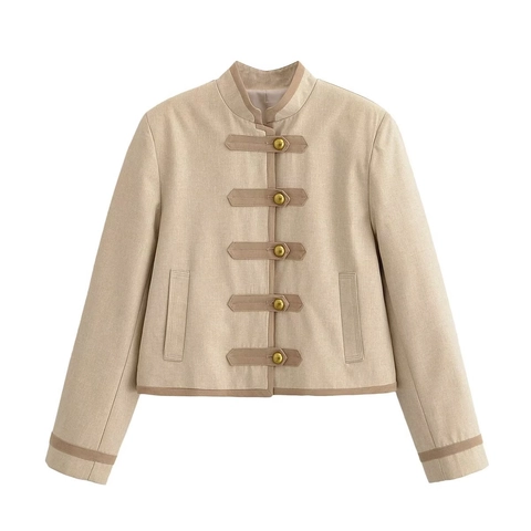 Dames Retro Kort Kostuumjasje Chinese Knoop Staande Kraag Elegant Beige Lange Mouwen Bovenkleding