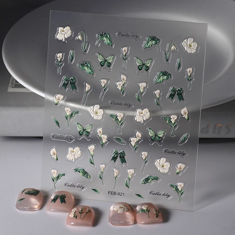 Adesivi Per Unghie In Rilievo 5D Fiore Di Giglio Calla Farfalla Fiocco Motivo Impermeabile Decorazione Arte DIY Donne