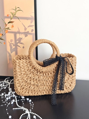 Women Straw Woven Handbag Black Lace Bow Summer Beach Vacation Round Handle Handmade Paper Rope Mini Basket Bag