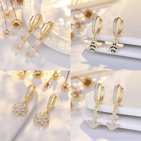 Zirconia Inlaid Copper Hoop Earrings For Women Elegant Heart Flower Evil Eye Crown Drop Earrings Fashion Jewelry Gift