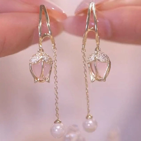Pink Tulip Flower Drop Earrings Alloy Rhinestone Tassel With Artificial Pearl And 925 Sterling Silver Earring Post Elegant Women