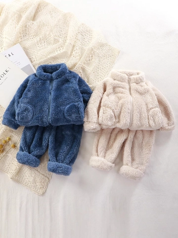 Toddler Kids Flannel Pajamas Set Warm Fleece Loungewear Zipper Jacket And Pants Sleepwear Soft Thick Solid Color