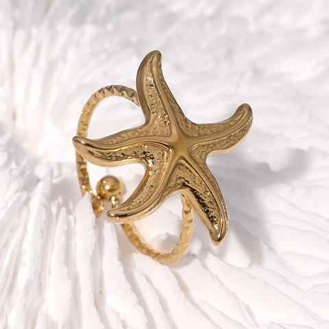 Anillo De Estrella De Mar Acero Inoxidable Ajustable Abierto Textura Martillada Joyería De Vacaciones Playa Para Mujeres