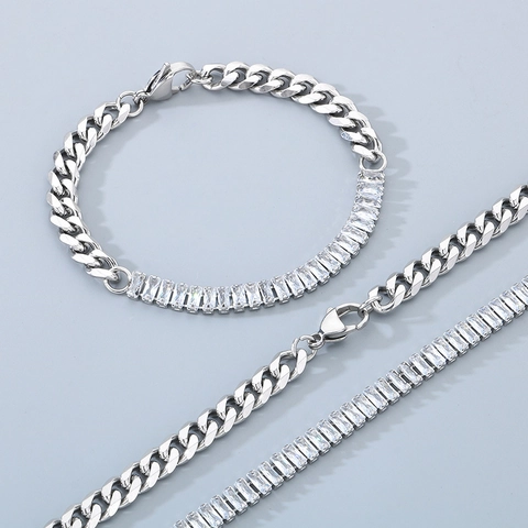 Stainless Steel Necklace And Bracelet Square Zircon Patchwork Cuban Chain Fashion Jewelry For Women Hip Hop Style