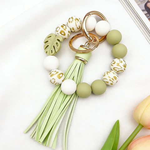 Lebensmittelechtes Silikon Perlen Schlüsselanhänger Armband Kunstleder Quaste Blatt Anhänger Auto Schlüsselring Für Damen