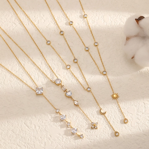 Collier En Forme De Y Acier Inoxydable Zircon Plaqué Or Longue Chaîne De Pull Gland Étoile Lune Pour Femmes