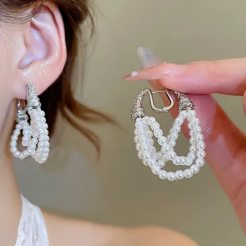 Orecchini Cerchio Künstliche Perle Multi Strato Con Perno Argento Sterling 925 Zircone Incastonato Lusso Vintage Gioielli Donna