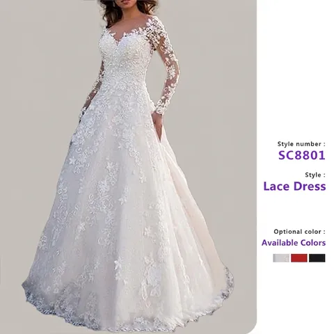 Elegante Vestido De Novia De Encaje De Manga Larga Con Cuello En V Bordado Floral Vestido De Novia De Malla Para Mujer