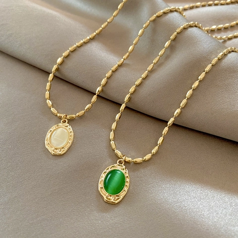 Vintage Französischer Stil Titanstahl Halskette Mit Ovalem Katzenaugenstein Anhänger Luxus Ästhetik Choker Schmuck Frauen