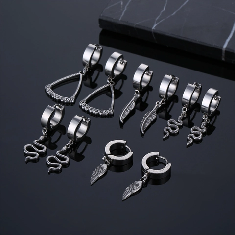 Stainless Steel Hoop Earrings Feather Snake Wing Triangle Pendant Retro Hip Hop Punk Style For Men Unisex