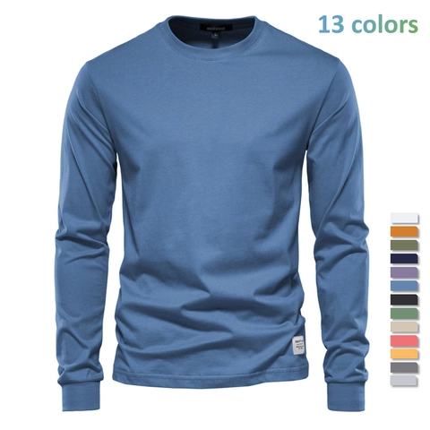 Men Long Sleeve T-Shirt Cotton Round Neck Solid Color Loose Fit Casual Basic Top Trendy High Street