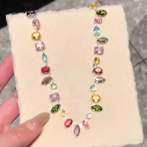 Multi Color Zircon Necklace Copper Geometric Shape Cut Gemstone Clavicle Chain For Women Fashion Jewelry