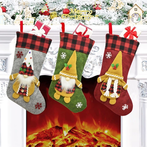 Christmas Stocking Gift Bag Gnome Gingerbread Man Plaid Decoration For Fireplace Party Holiday Home Hanging Decor
