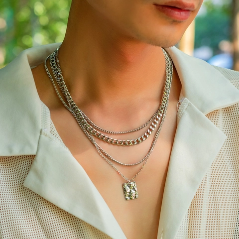 Layered Necklace With Square Hammered Pendant Copper Iron Alloy Hip Hop Trendy Punk Jewelry For Men Women