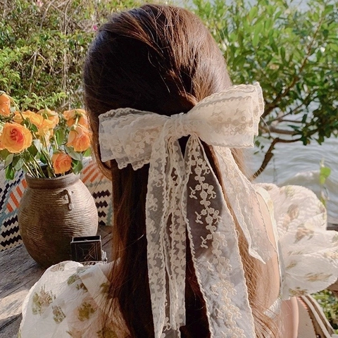 Elegante Spitze Stickerei Schleife Haarklammer Mit Langen Bändern Übergroße Französische Stil Bänder Federclip Für Frauen Mädchen
