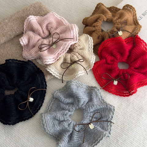Knitted Wool Hair Scrunchies Elastic Hair Tie With Lace Trim Bowknot Alloy Tag Elegant Vintage Style Hair Accessories