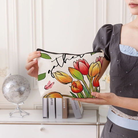 Borsa Per Cosmetici In Lino Fine Con Stampa Di Tulipani Organizer Da Viaggio Con Cinturino Chiusura Lampo Regalo