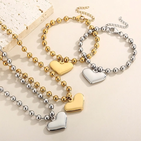 Collier Et Bracelet Pendentif Coeur En Acier Inoxydable Chaîne À Billes Bijoux Tendance Style Poli Pour Femmes