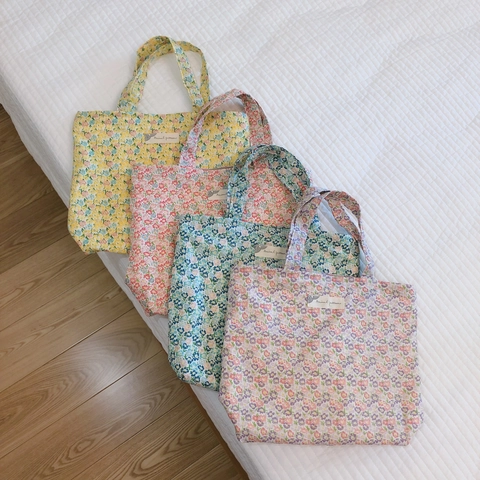 Petit Sac Fourre-Tout En Toile Florale Pour Femmes Coton Fermeture Éclair Sac À Main Style Frais Décontracté