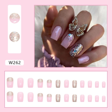 Press On Nails Pink Sweet Shimmer Golden Glitter Gradient Short Square Shape Fake Nails Tips For Women Girls Glamorous