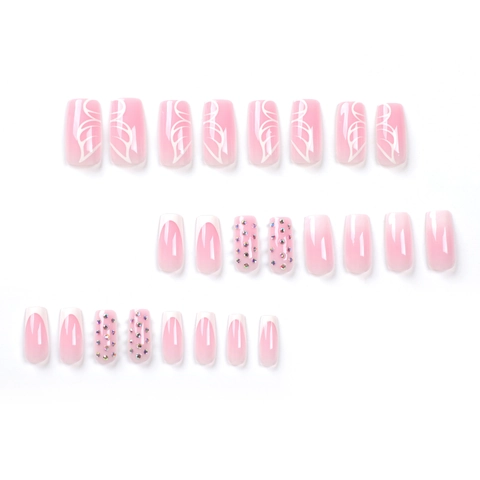 French Press On Nails Long Square Pink Gradient Butterfly Design Rhinestone Artificial False Nails For Women Decor
